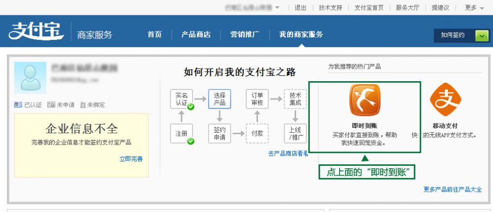 支付寶即時到賬申請示意圖截圖